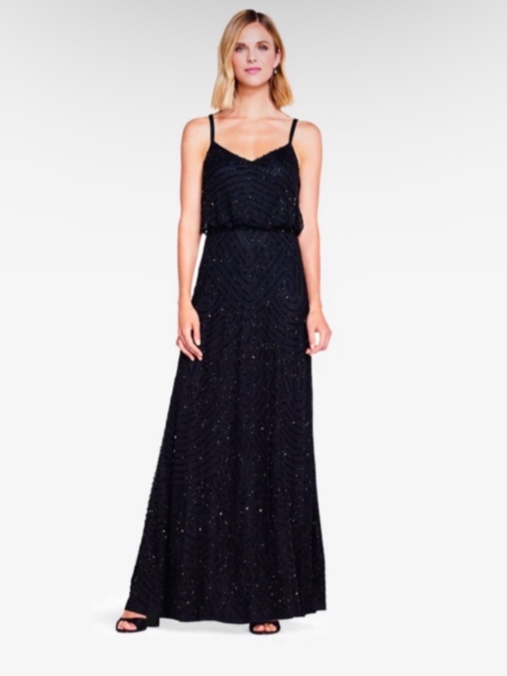 Adrianna Papell Navy Blue Beaded Art Deco Maxi Dress